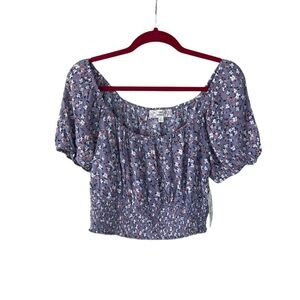 Pink Republic Women’s Cropped Top Blouse Floral Sleeve Purple Smocked Size L